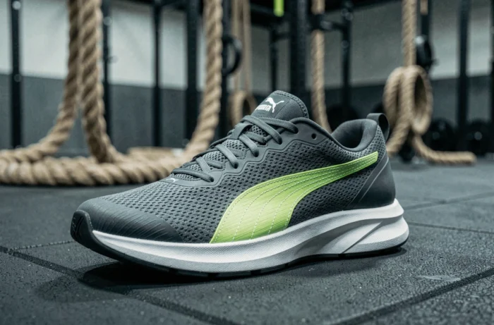 Puma Fuse 3.0 femme sur sol en caoutchouc dans une salle CrossFit avec équipements floutés