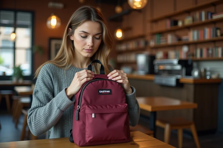 Jeune femme inspectant de près un sac à dos Eastpak pour détecter une éventuelle contrefaçon dans un café urbain