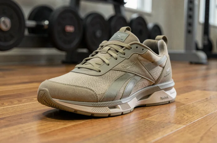 Chaussure Reebok Nano X4 femme affichée sur un plancher de gym en bois, vue en plongée légère