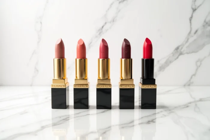 Rangée de rouges à lèvres de luxe iconiques décapsulés sur marbre blanc montrant différentes teintes cultes
