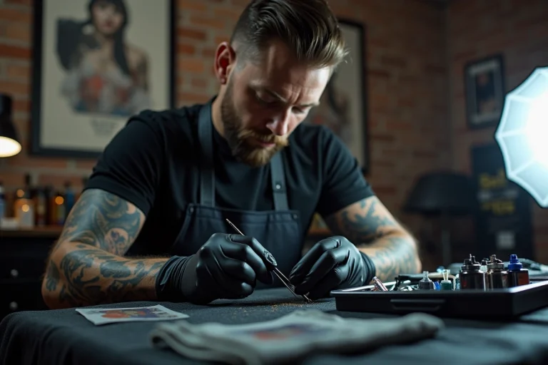 Tatoueur professionnel préparant son matériel dans un studio de tatouage moderne pour un tatouage sur la lèvre intérieure