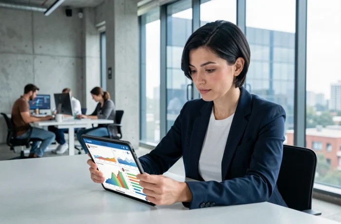 Femme professionnelle consultant les dernières tendances digitales sur une tablette dans un bureau moderne