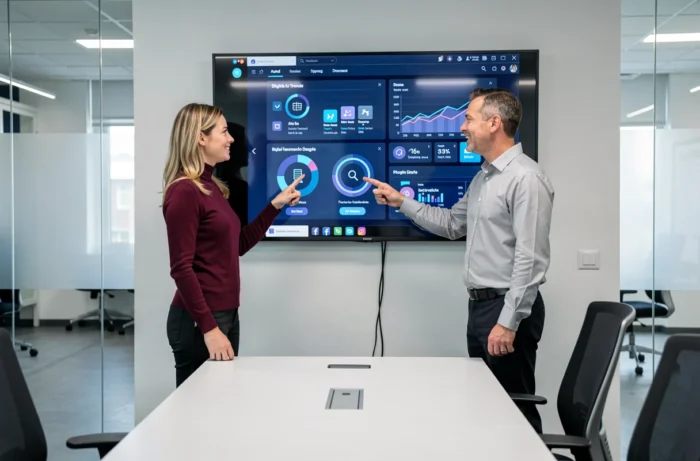Deux collègues analysant les tendances et actualités du marketing digital sur un écran interactif en salle de réunion