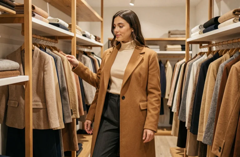 Femme élégante en manteau camel explorant les tendances mode dans une boutique contemporaine