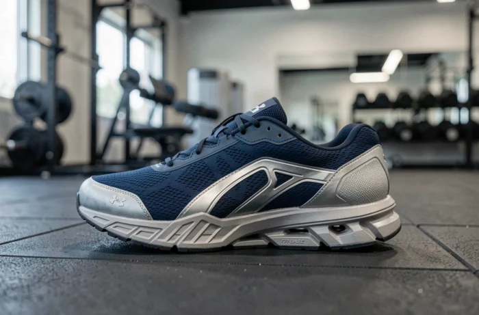 Under Armour TriBase Reign 6 femme sur plateforme de salle de sport, vue basse de trois quarts
