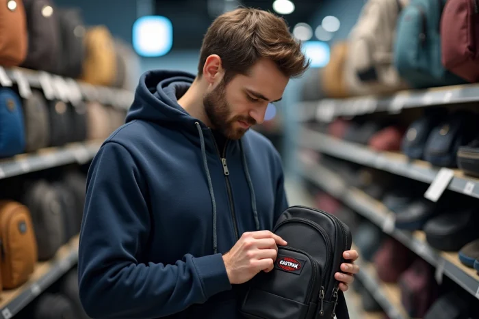 Homme vérifiant l'étiquette d'authenticité et la doublure intérieure d'un sac Eastpak en magasin pour éviter d'acheter une contrefaçon
