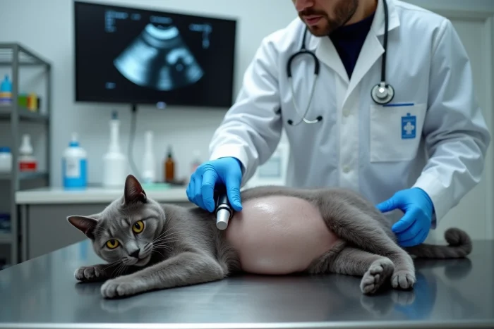 Vétérinaire réalisant une échographie sur le ventre gonflé d'un chat gris en clinique