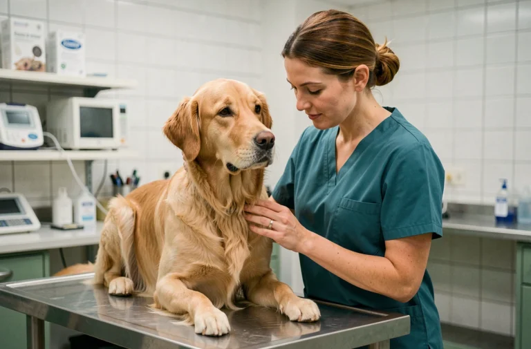 Vétérinaire examinant un golden retriever dans une clinique animale moderne, symbolisant la protection et le soin des animaux