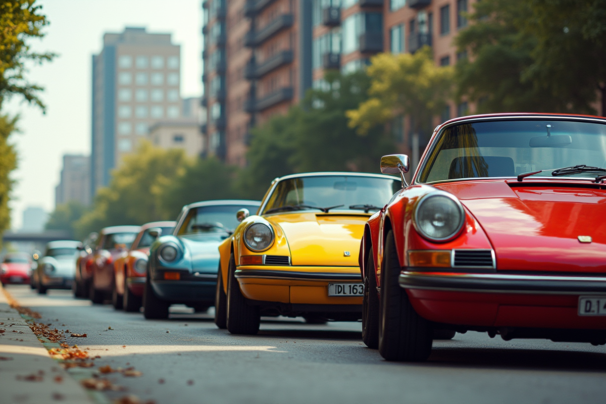 Voitures vintage rares garées dans une rue urbaine ensoleillée